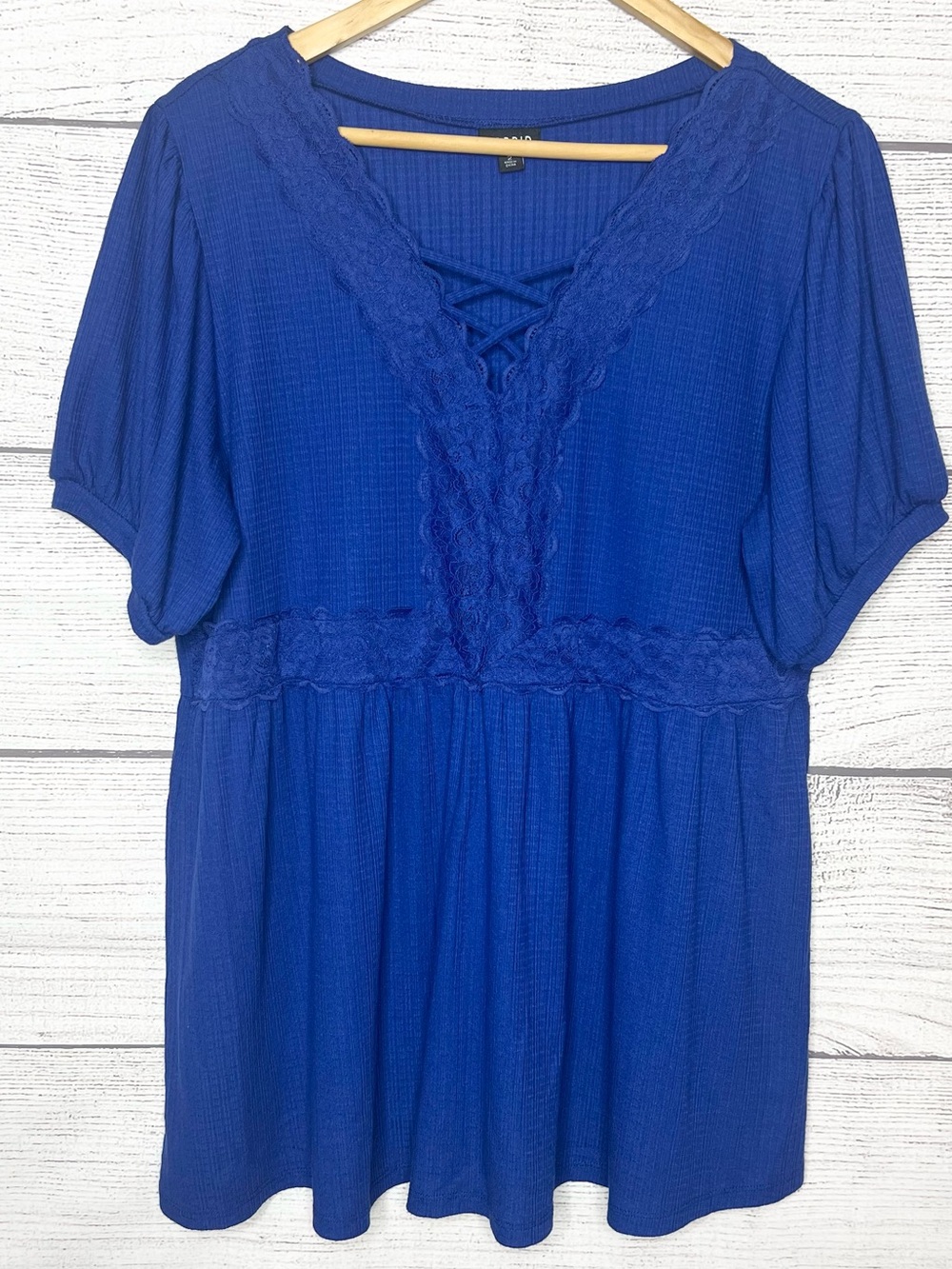 Torrid Royal Blue Babydoll Textured Strappy Lace Trim Short Sleeve Top Size 2X